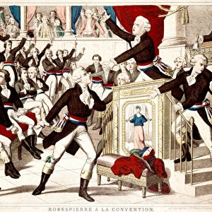 Maximilian Robespierre at the Convention (Seance of 19 Thermidor 1794), Jean Lambert (Jean-Lambert) Tallian threatens Robespierre with a knife - Popular engraving of the period