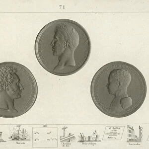 Medallions of Charles X of France and his son Louis Antoine, Duke of Angouleme and grandson Henry Duke of Bordeaux (engraving)