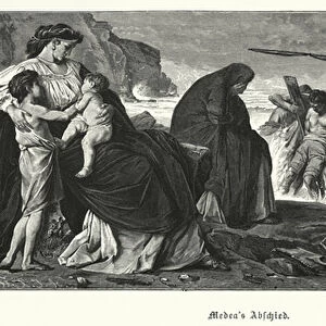 Medeas Farewell: scene from Euripides Ancient Greek tragedy Medea, based on the legend of Medea and Jason (engraving)
