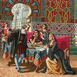 Meeting between Columbus and Ferdinand and Isabel before the voyage of discovery