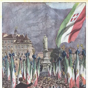 The meeting of the fighters, in the presence of the Prince of Udine, in the Piazza Maggiore of Bolzano (colour litho)