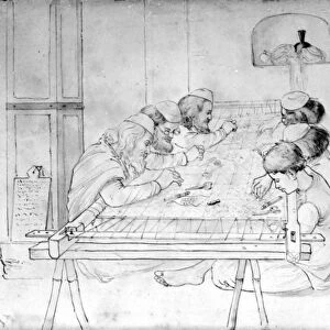 Men working at an embroidery frame, 1870 (pencil, pen and wash on paper)