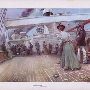 In Mid-Ocean: passengers enjoying a game of shuffleboard on board a ship (colour litho)