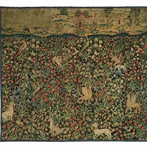 Mille fleurs tapestry fragment depicting animals, birds and landscape, c. 1500 (wool)