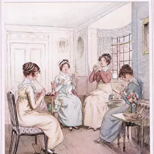 Miss Fanny is reading aloud from the library book while others sew or knit (litho)