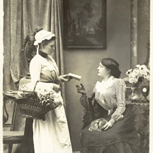 The mistress of the house giving instructions to her maid (b / w photo)