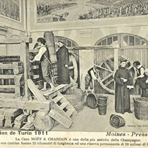 Monks pressing Champagne grapes in 1710, exhibit at the Turin International Exhibition, Italy, 1911 (b / w photo)