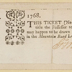 Mountain Road Lottery Ticket, signed by George Washington (1732-99) 1768 (ink on paper)