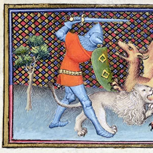Ms 3480 Yvain, the Knight with the Lion, fighting a dragon