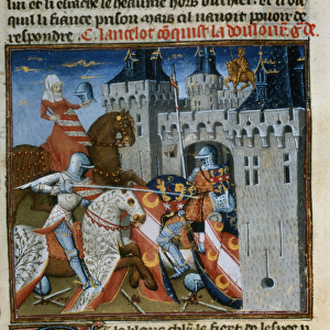 Ms. Fr 118 f. 189v Sir Lancelot captures Dolorous Garde with the aid of a new shield given
