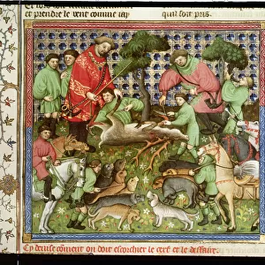 Ms Fr 616 fol. 70 Cutting up a dead stag, from the Livre de la Chasse by Gaston Phebus de