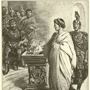 "Mucius thrust his right hand into a fire"(engraving)