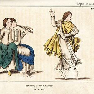 Music and dance of the 8th or 9th century. A young girl in tunic and cape dances to music from two female musicians playing a double flute and lyre with plectrum. From a manuscript of the 11th century