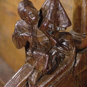 Musician playing a double flute, detail from a choir stall, 14th-16th century (wood)