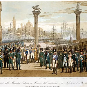 Napoleon I in Venice on 29 November 1807 in front of the Italian navy. Engraving of 1845