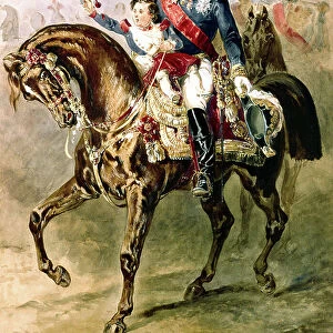 Napoleon III with his son Louis Napoleon riding horse, 19th century (painting)