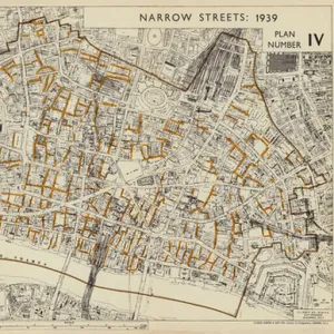 Narrow streets less than 30 feet wide, City of London, 1939 (colour litho)