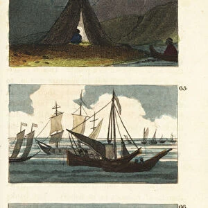Native American wigwam or teepee on the island of Newfoundland 64, English boats fishing for cod in the bay 65, and huts and "fish flakes"used for drying the salt cod 66