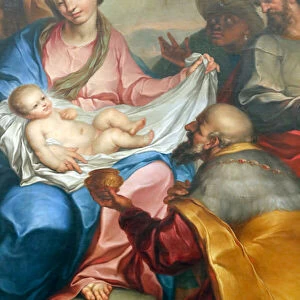 Nativity scene. Adoration of the magi. Fresco. Santa Maria delle Vigne basilica. Genoa