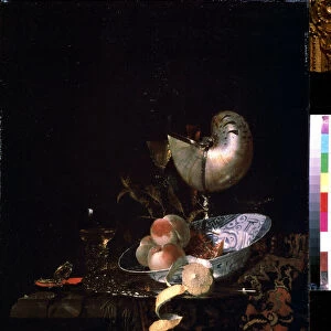 "Nature morte au gobelet nacre"(Still life with a moother-of-pearl goblet) Peches, citron avec son epluchure (zeste) et verre de vin. Peinture de Willem Kalf (1619-1693) 1660 environ Musee Pouchkine, Moscou