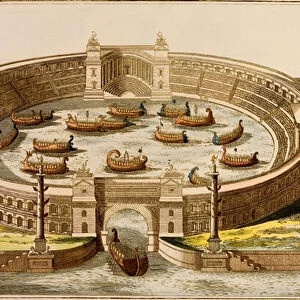 Naumachia, building used to stage naval battles for public entertainment in Ancient Rome (coloured engraving)