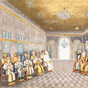 The Nawabs and Kings of Oudh in a palace interior with their servants in attendance, c
