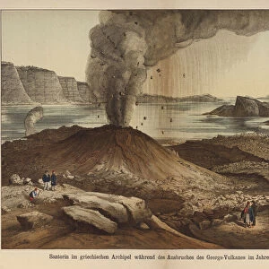 Nea Kameni, volcanic island in the caldera of the Greek island of Santorini after the euption of 1866 (colour litho)