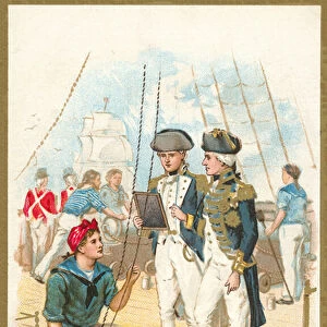 Nelson arranging his famous signal before The Battle Of Trafalgar, 21 October 1805 (colour litho)
