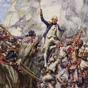 Nelson boarding the San Josef at the battle off Cape St Vincent (colour litho)