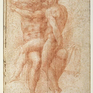 Nude female seated on the knees of a seated male nude: Adam and Eve (sanguine on paper)