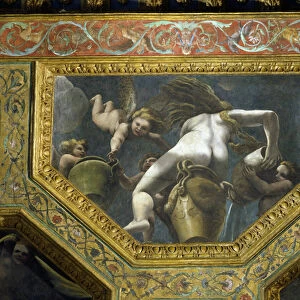 A nymph pouring water from an urn aided by putti, ceiling caisson from the Sala di Amore