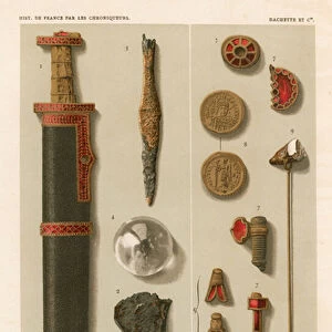 Objects found in the tomb of Childeric I at Tournay (chromolitho) (see also 161328, 172230 and 694817)