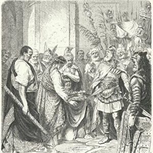 Odoacer forces the Roman Emperor Romulus Augustulus to abdicate, 476 (engraving)