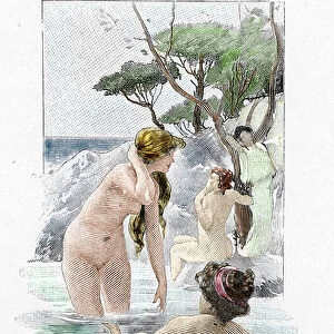 Odyssee of Homere: "Nausicaa, daughter of King Alcinous, and her handmaidens washing their clothes in the river" Illustration by Antoine Calbet (1860-1944) for "The odyssee"