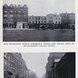 Old buildings which formerly lined the south side of Buckingham Palace Road; Buckingham Palace Road, showing entrance to Victoria Station (b / w photo)