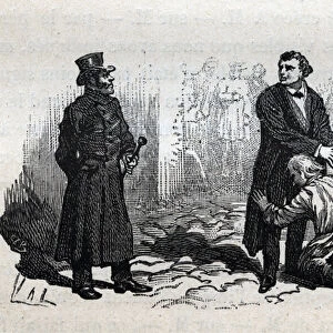 The old Fauchelevent kisses the knees of Monsieur Madeleine (Jean Valjean) after being saved by him and Javert observes them - Illustration by Valnay for "Les miserables - Premiere part: Fantine"by Victor Hugo (1802-1885) 1862