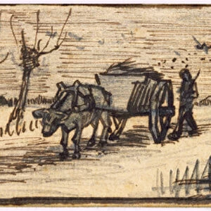 Ox-Cart in the Snow, from a series of four drawings representing the four seasons (pencil