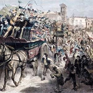 Packed coaches taking Londoners for a day out in the country in Victorian times (coloured engraving)