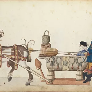 Pageant sleigh in parade, c. 1640 (pen and ink, watercolour and washes)