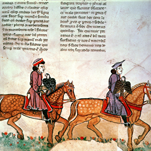 Pal Lat 1071 Frederick II: Two horsemen with falcons, from