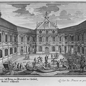 Palace at Munich, Germany, engraved by Johann August Corvinus (engraving) (b / w photo)
