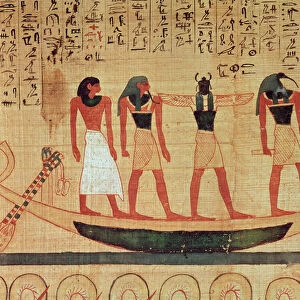 Papyrus depicting a man being transported on a barque to the afterlife by Thoth