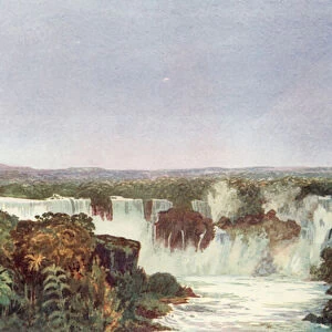 Partial View of the Falls of Iguassu, Junction of Brazil, Paraguay and Argentina, Approached from the North by the Brazil Railway Companys System (colour litho)