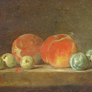 Peaches, Pears and Plums on a table (oil on canvas)