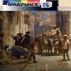 Pendant une epidemie (During an epidemic). Brancardiers evacuant le corps d une femme morte d une maison pour la mettre dans une charrette avec d autres cadavres. Peinture de Feodor Andreyevich Bronnikov (1827-1902)