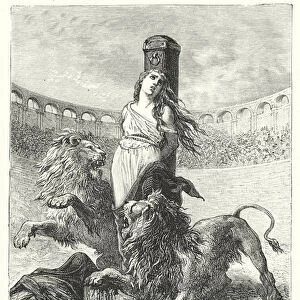 Persecution of Christians in ancient Rome: Christian woman thrown to the lions in the arena (engraving)
