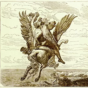 Perseus on the Winged Horse Pegasus, with Medusas Head, illustration from The Illustrated History of the World, published c. 1880 (digitally enhanced image)