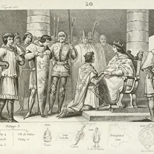 Philippe VI of Valois renders homage to Edward III of England, but only as Duke of Aquitaine (engraving)