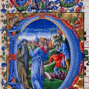 Piccolomini Library: choir book, cod. 24. 9, ff. 1r with the "Parable of the mote and the beam and the fall of the two blinds", by Liberale da Verona (about 1445 - 1527 / 9). Detail