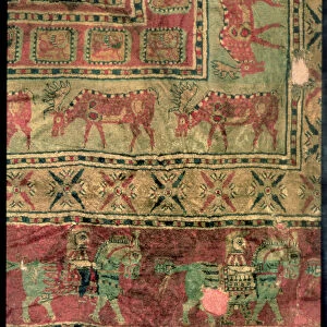 Pile carpet depicting horses and riders, fallow deer and griffins